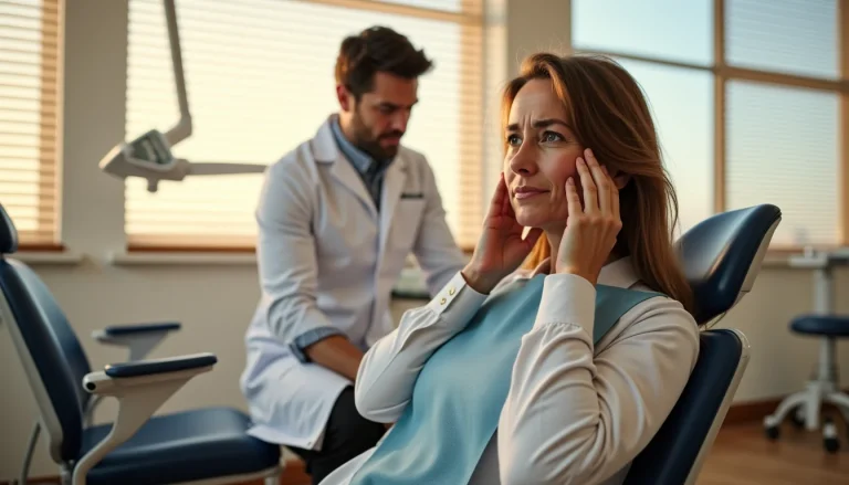 Patiente dans un cabinet dentaire évoquant une douleur aux dents