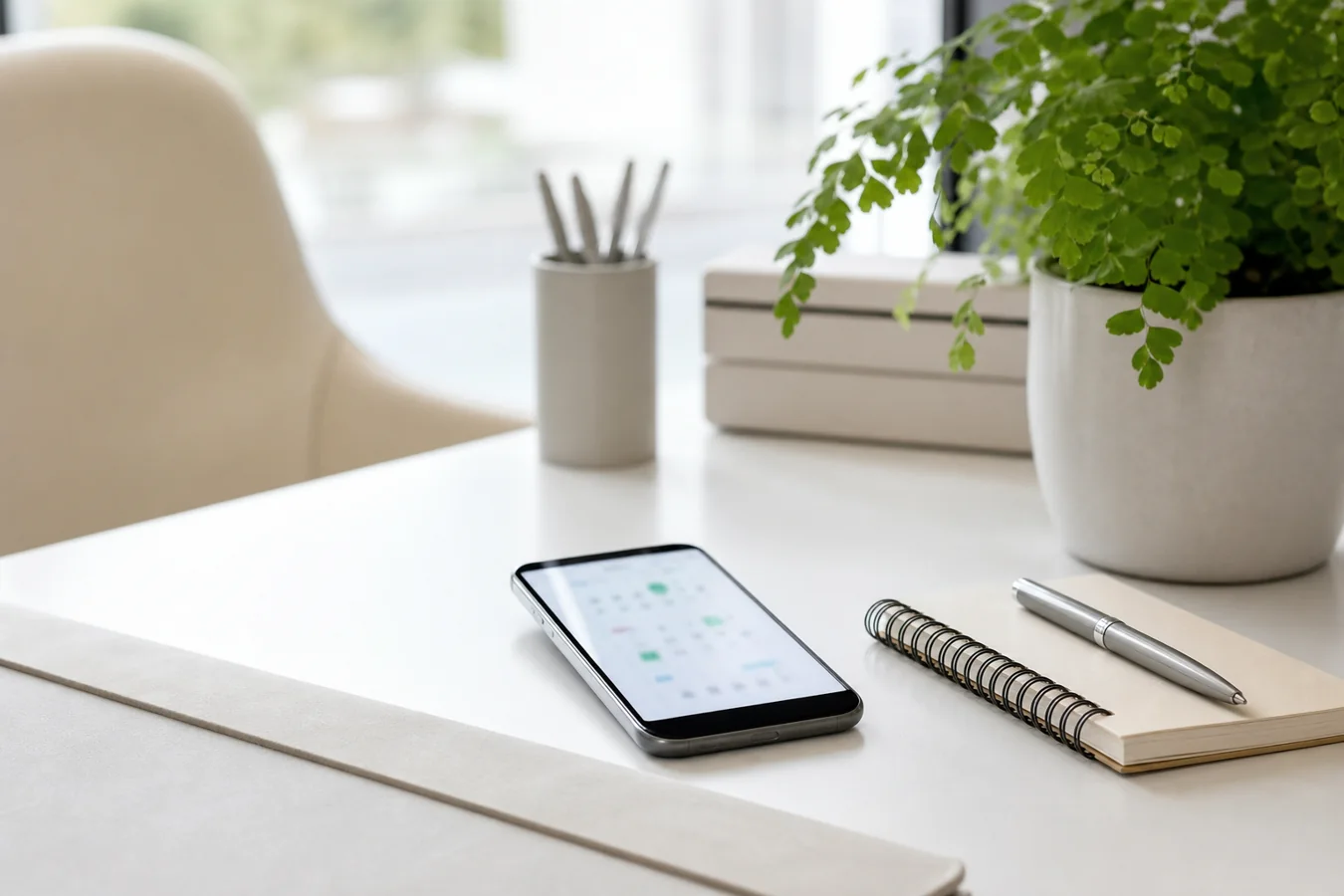 Smartphone avec calendrier de rendez-vous et carnet dans un cabinet médical lumineux