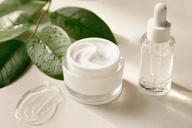 Crème hydratante et sérum à l’acide hyaluronique sur une table claire