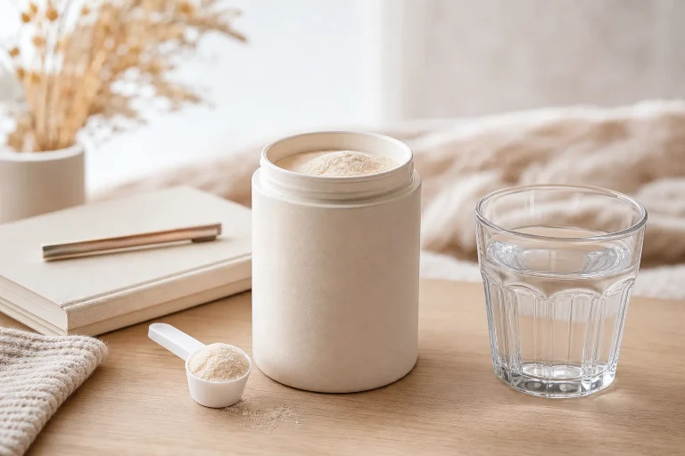 Pot neutre de poudre de collagène marin avec cuillère doseuse et verre d’eau