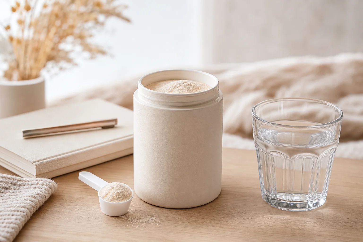 Pot neutre de poudre de collagène marin avec cuillère doseuse et verre d’eau