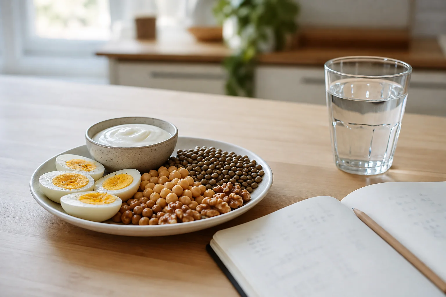 Assiette avec œufs, légumineuses, yaourt et carnet de repères nutritionnels