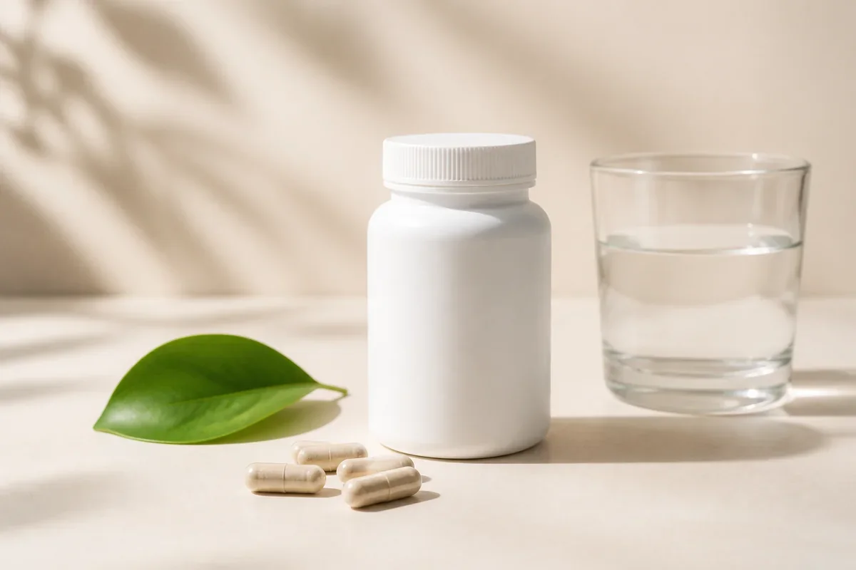 Flacon de compléments alimentaires avec verre d’eau