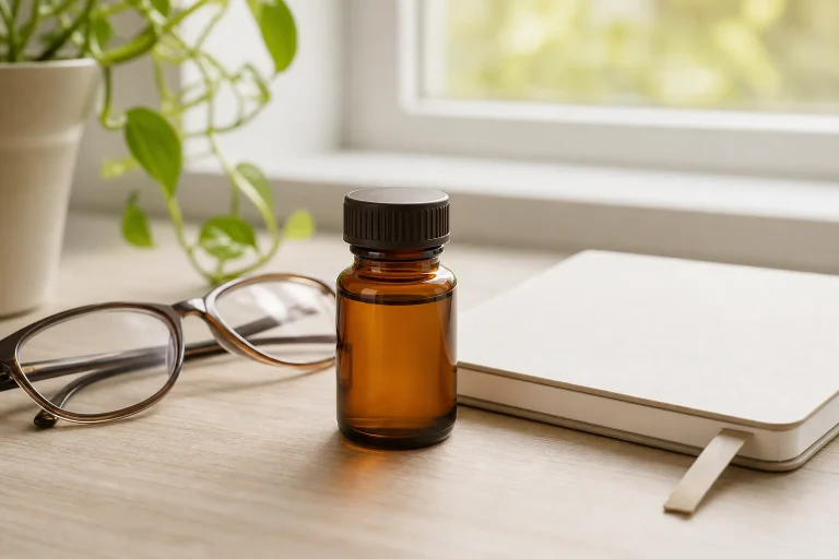 Fiole ambrée générique illustrant un sujet de prévention santé