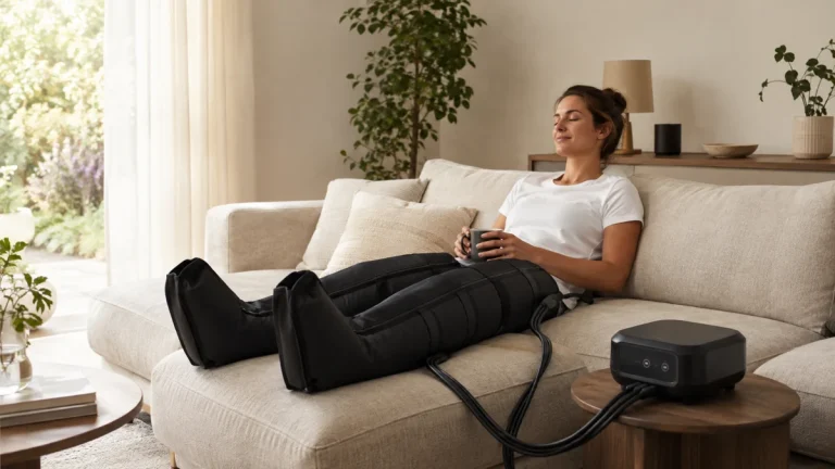 Adulte utilisant des bottes de pressothérapie à domicile