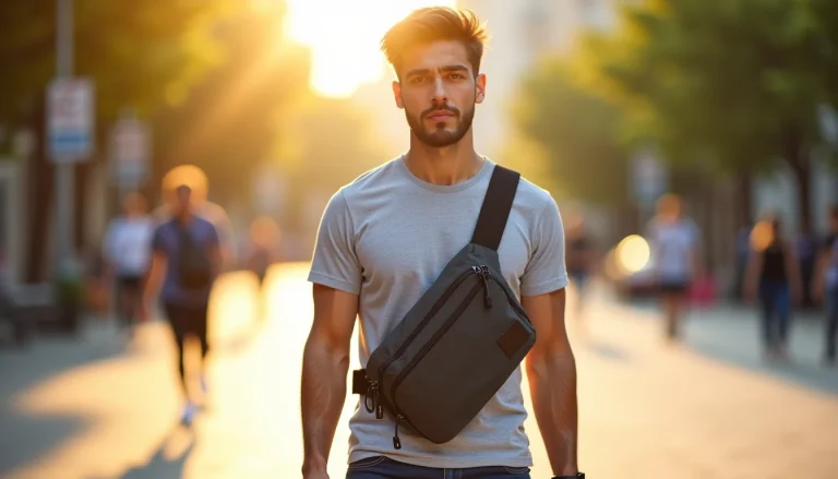 Homme portant un sac banane XL en bandoulière dans la rue